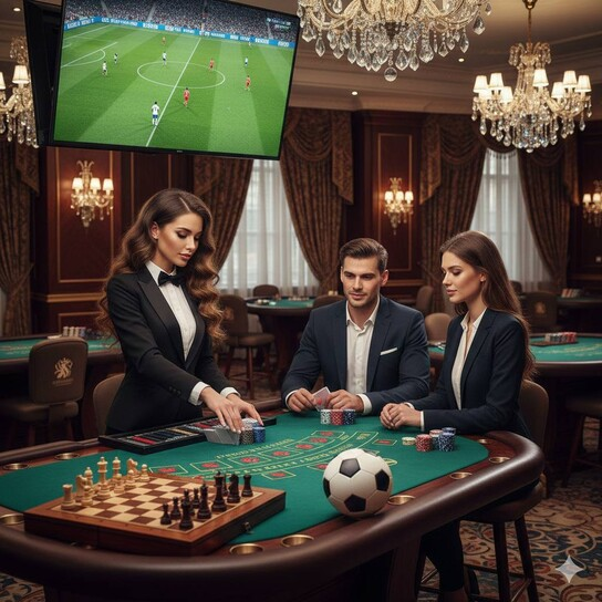 Luxurious poker table with cryptocurrency chips and logos
